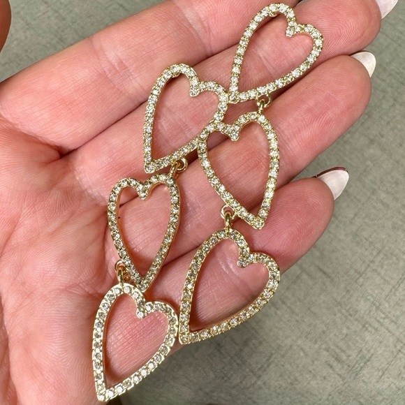 Gold Rhinestone Heart Trio Dangle Drop Earrings Valentine’s Day Nwt - Picture 6 of 7